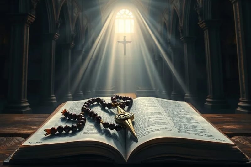 Un rosario y un compás entrelazados sobre un libro antiguo, simbolizando la oración como guía y la palabra divina.