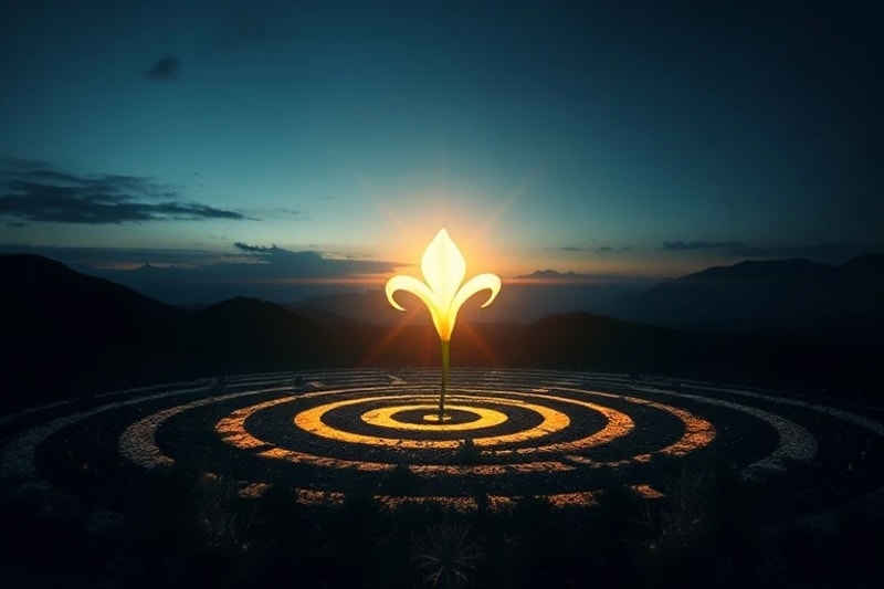 Ilustración digital abstracta de un laberinto de decisiones con una flor de lirio brillante en el centro, simbolizando la claridad en la búsqueda espiritual.