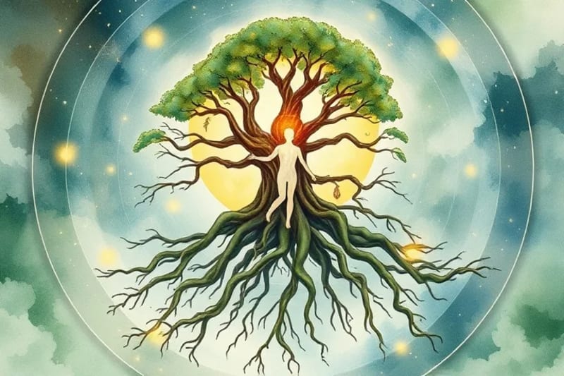 Pintura de acuarela de raíces entrelazadas de un árbol resistente que abraza una silueta humana estilizada, simbolizando fuerza interior.
