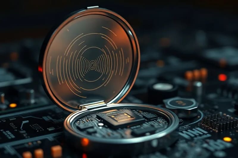 Primer plano de un carrete de película antiguo, con un reflejo sutil de ondas de radio en su superficie metálica. Junto a él, un pequeño circuito impreso intrincado y un espejo de mano de estilo Art Déco, todos con una iluminación dramática que enfatiza las texturas y el contraste entre el glamour y la tecnología.