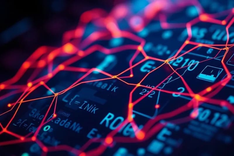 Primer plano de un intrincado circuito impreso con delicados hilos de cobre y componentes electrónicos, sobre un fondo oscuro. Pequeños puntos de luz azul y verde simulan flujos de datos, y un fragmento de un plano con ecuaciones matemáticas se vislumbra en la esquina. La composición evoca una sensación de alta tecnología y misterio.
