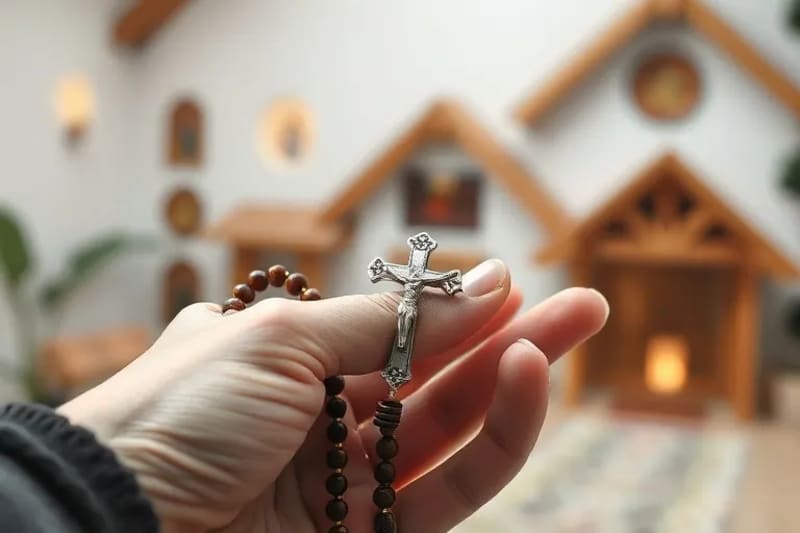 Detalle de un rosario de madera con un crucifijo, pintado en acuarela, evocando devoción.
