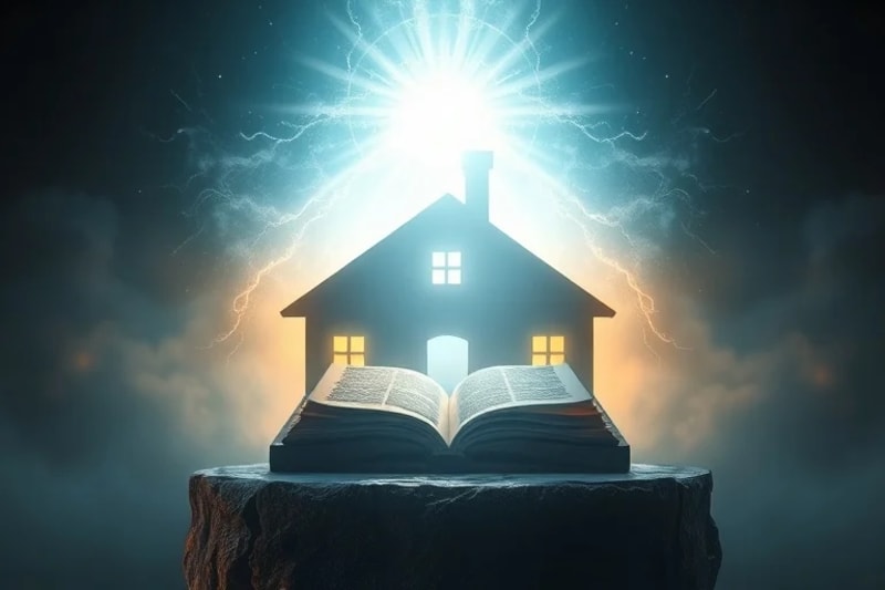 Representación abstracta de la paz y la luz divina envolviendo una casa estilizada, simbolizando protección espiritual.