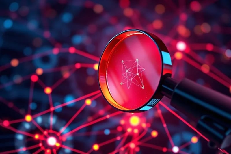 Representación abstracta del internet con nodos interconectados, resaltando anomalías con un icono de lupa, simbolizando investigación científica.