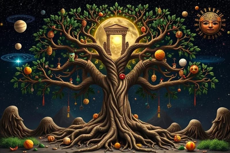 Árbol de la vida con símbolos indígenas entrelazados, representando la conexión entre la Tierra y el cosmos.