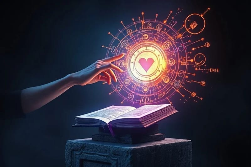 Mano tocando proyección holográfica con símbolos digitales y escudo protector