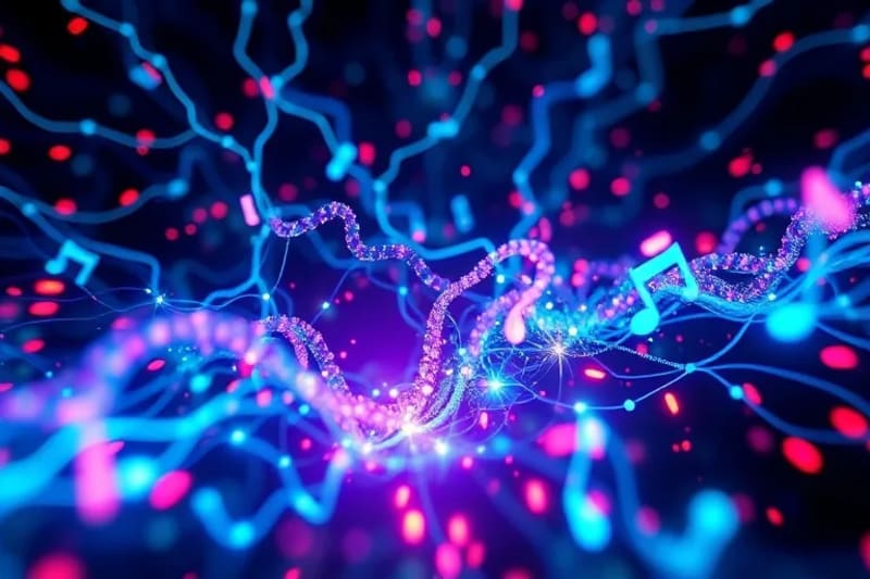 Abstract digital art showing intertwined neural network pathways forming musical notes and rhythmic patterns in vibrant colors.