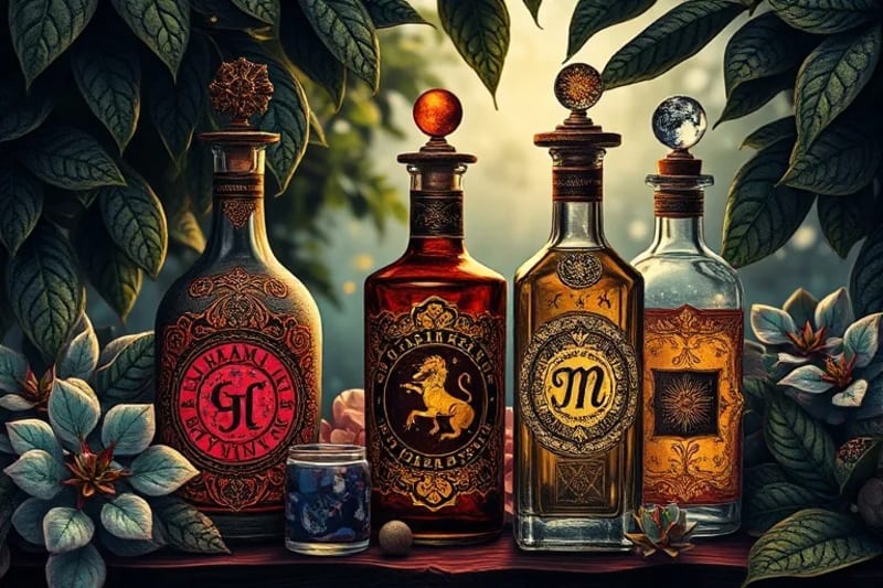 Botellas de vidrio con elixires de colores, adornadas con motivos botánicos y símbolos planetarios.
