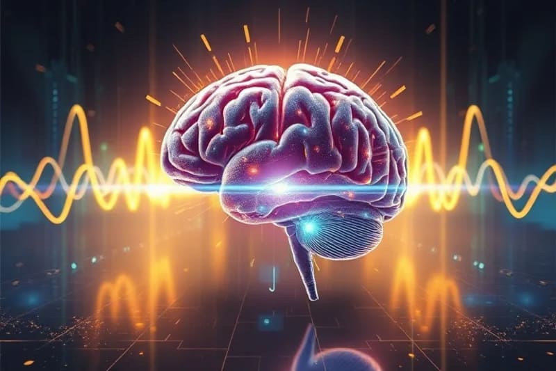 Representación digital de un cerebro humano con ondas cerebrales y sonido
