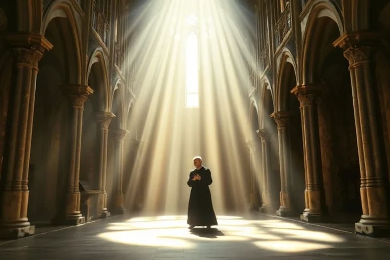 Monje meditando en un scriptorium antiguo con notas musicales