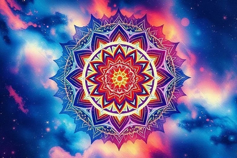 Pintura abstracta de acuarela que representa el campo energético humano con chakras y formas botánicas.