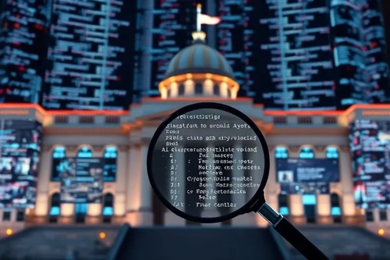 Edificio gubernamental con pantallas digitales y una lupa que destaca un código claro