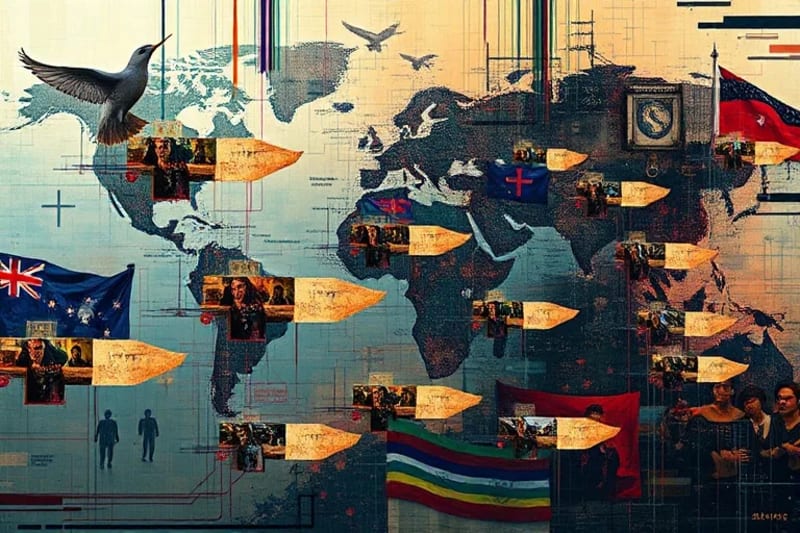 Mosaico de eventos geopolíticos con símbolos divinos