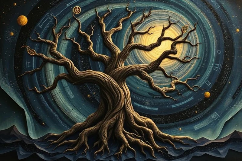 Pintura surrealista de un árbol antiguo con raíces en un vórtice de memorias ancestrales y patrones kármicos.