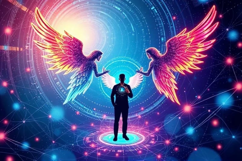 Representación abstracta de arcángeles como formas de luz dinámicas, rodeando una silueta humana interactuando con pantallas digitales, con un fondo de líneas y nodos interconectados.