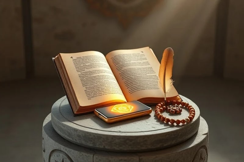 Colección de objetos simbólicos en un altar digital minimalista: un smartphone brillante con un símbolo espiritual, un rosario de madera, una pluma vibrante y una proyección holográfica de geometría sagrada.