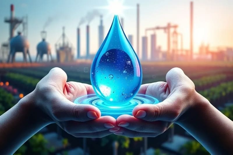 Vector art of hands exchanging a water droplet, symbolizing cooperation and business in water