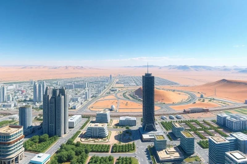 Digital painting of a futuristic city with advanced water systems contrasting with arid land