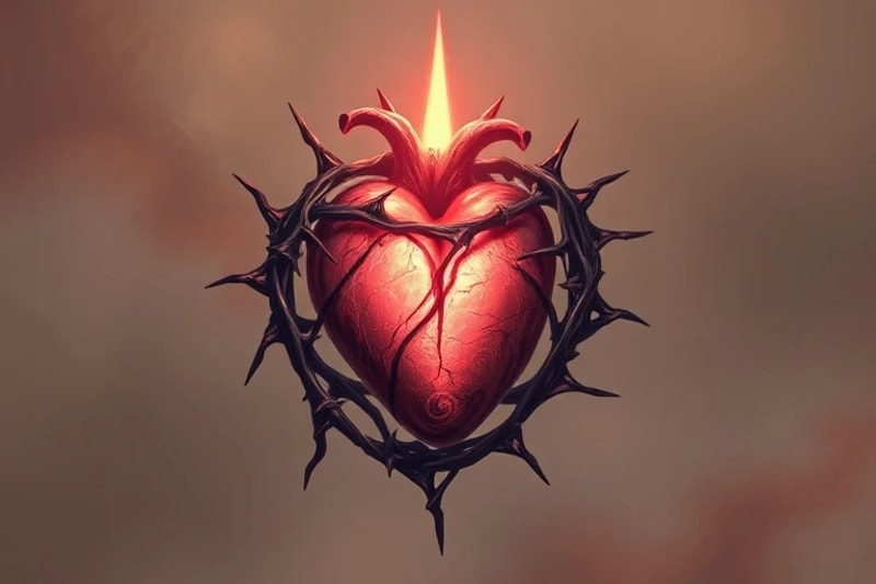 Corazón estilizado con luz interior, rodeado de espinas que representan desafíos modernos, simbolizando la fe inquebrantable.