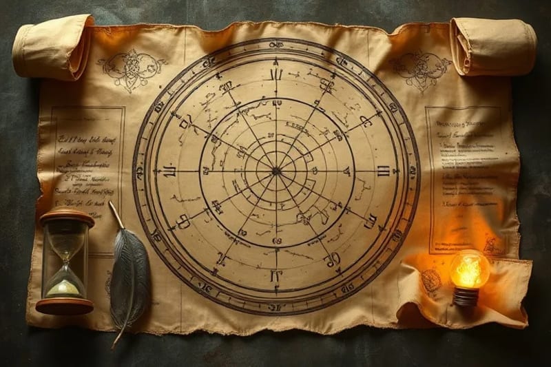 Antiguo pergamino desenrollado revelando un mapa celestial con los Nodos Lunares, rodeado de un reloj de arena y una pluma, simbolizando el tiempo y el destino.