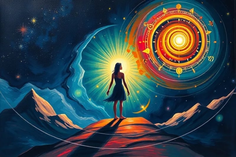 Ilustración vectorial de una figura en una encrucijada, con un camino hacia un vórtice de pasado y otro hacia una espiral de luz futura, simbolizando la elección evolutiva.