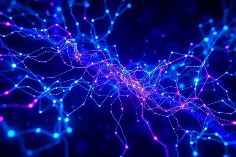 Abstract representation of AI neural networks processing complex medical data