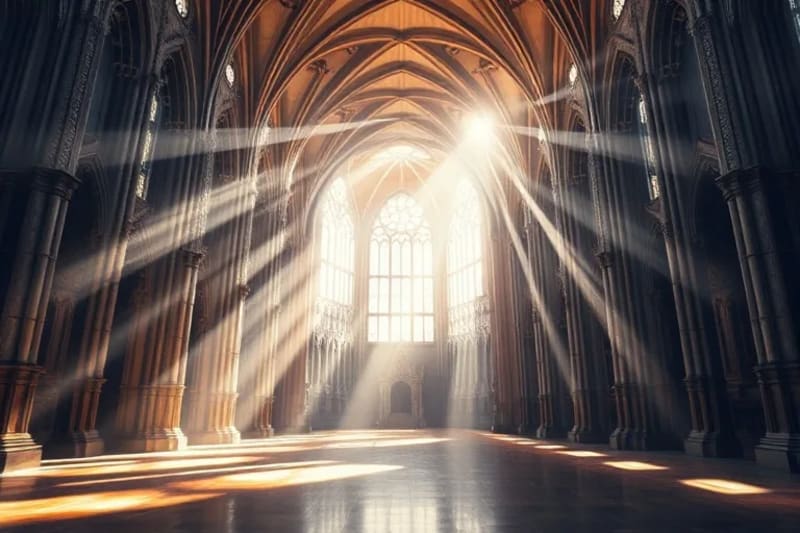 Pintura digital abstracta que muestra patrones de luz y sombra entrelazados con líneas geométricas y datos, representando la intersección de lo espiritual y la investigación científica.