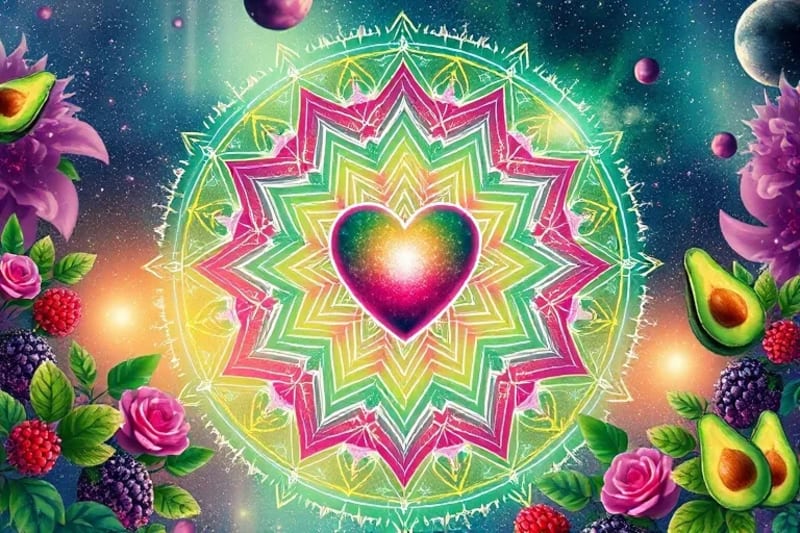 Pintura acuarela de un chakra del corazón verde y rosa, rodeado de aguacates, espinacas y bayas, flotando en un jardín cósmico.
