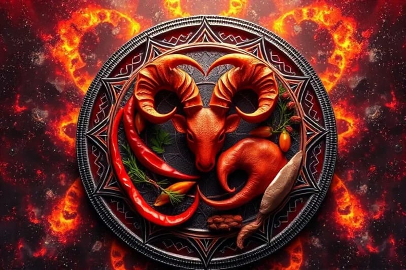 Render 3D de un plato energético con elementos rojos y naranjas, especias y proteínas, con glifos astrológicos sutiles, representando la energía de Aries.