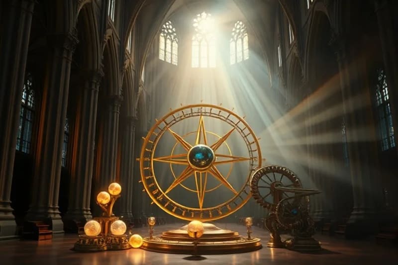 Representación digital de un complejo mecanismo celestial con astrolabios antiguos, orbes planetarios brillantes y engranajes dorados entrelazados, evocando la precisión y el orden divino del cosmos.