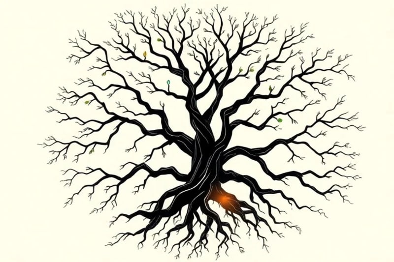 Raíces de árbol entrelazadas y luminosas con siluetas ancestrales, representando conexiones generacionales y sanación