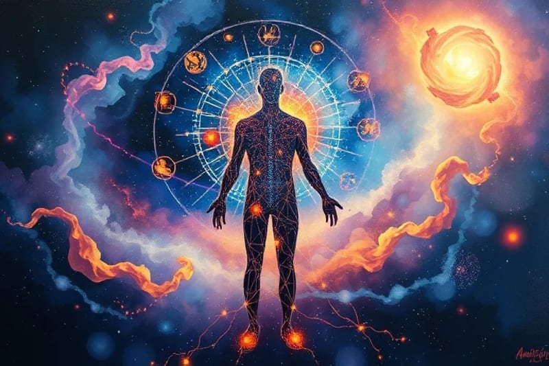 Representación abstracta de la conciencia expandiéndose, con vías neuronales y energía fluyendo entre símbolos de geometría sagrada, en tonos azules y dorados.