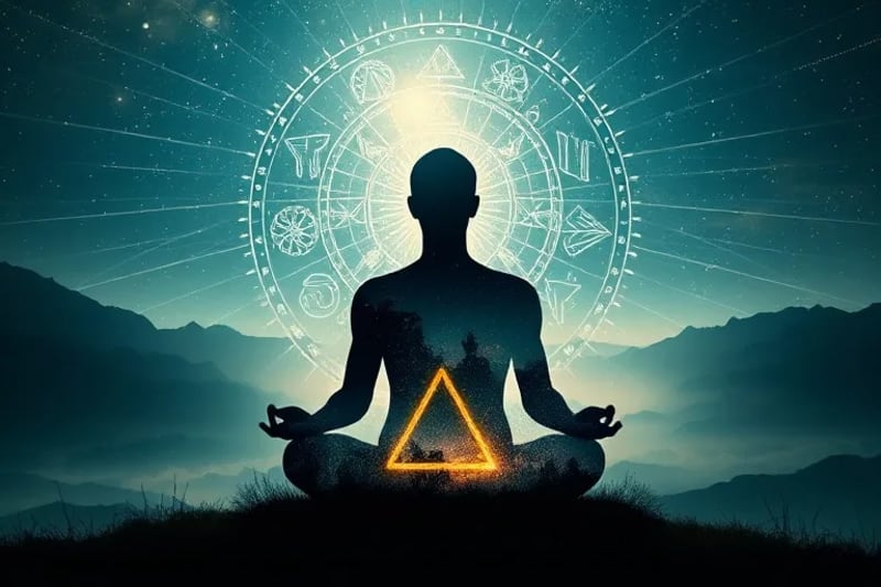 Ilustración mística de una figura etérea proyectando su conciencia desde un cuerpo físico hacia un vórtice de luz y patrones fractales, fusionando lo antiguo con la tecnología.