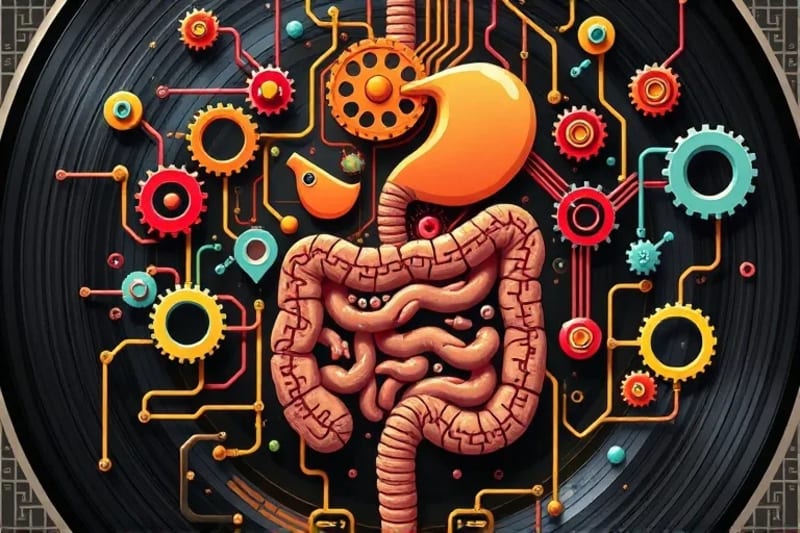Ilustración vectorial del sistema digestivo como una red compleja de engranajes y circuitos, con microorganismos.