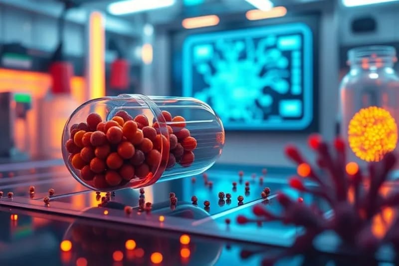 Renderizado 3D de herramientas de biohacking en un laboratorio, incluyendo suplementos y análisis de microbioma.