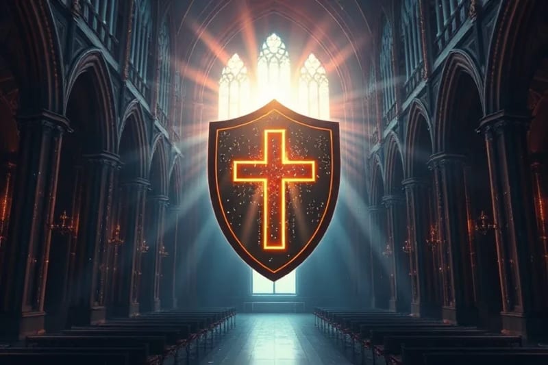 Escudo con cruz defiende de símbolos digitales fragmentados y código malicioso, sobre una red de nodos interconectados.