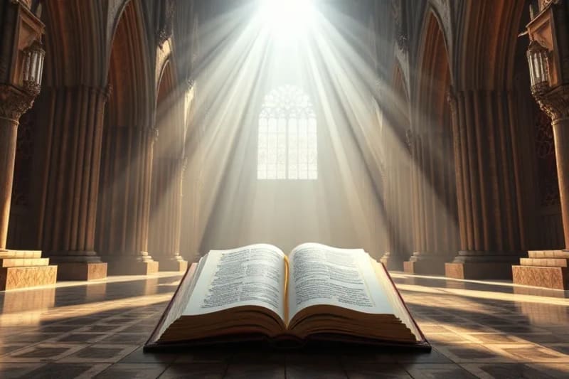 Antiguo libro de oraciones abierto sobre una interfaz de datos futurista, un rayo de luz pura emerge del libro iluminando patrones digitales.