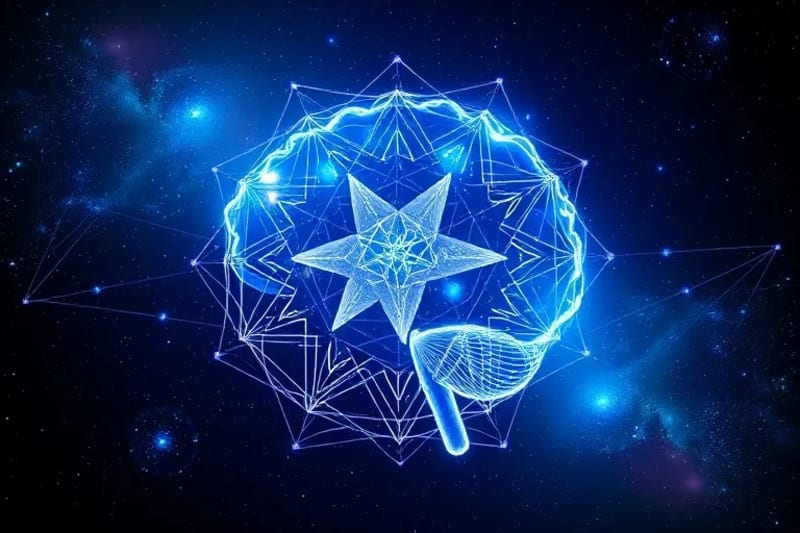Cerebro humano conectado a pantallas de datos astrológicos