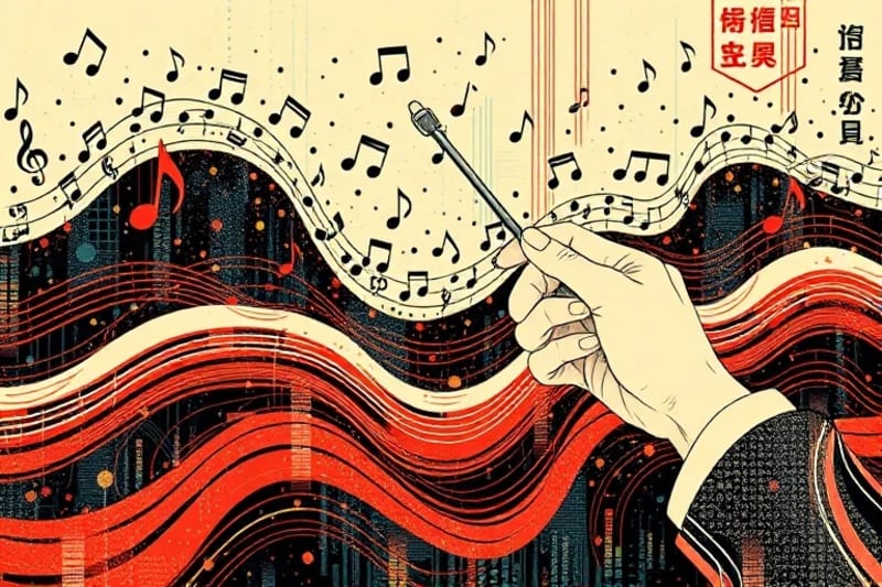 Abstract digital painting representing musical notes and algorithmic patterns, with human hands guiding a digital conductor's baton.
