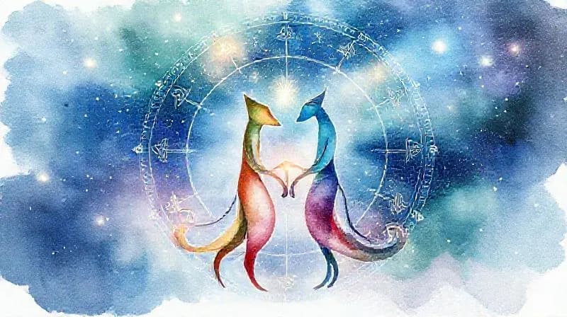 Pintura acuarela de dos figuras abstractas, conectadas por flujos de color que simbolizan la interacción elemental y emocional en una relación.