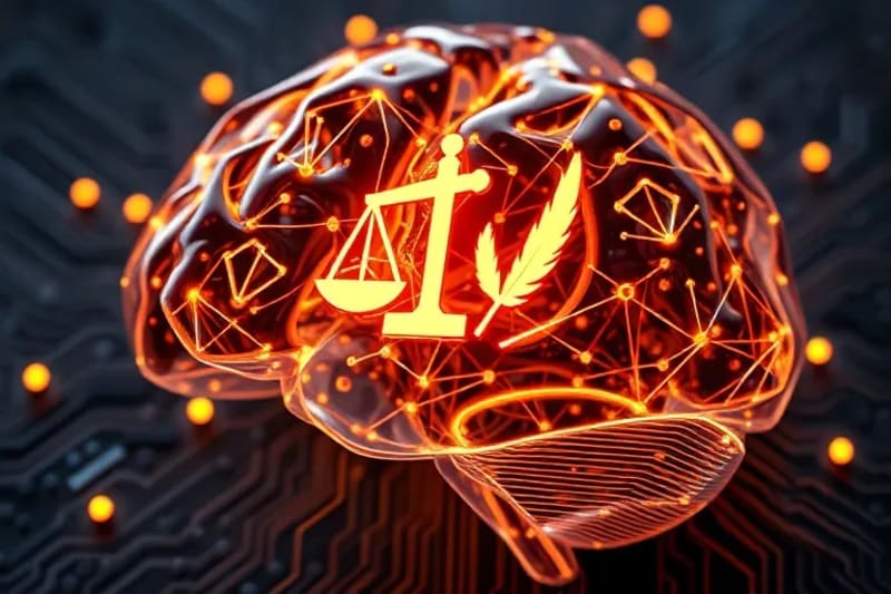 Stylized blockchain network interwoven with classic legal symbols like a gavel and a quill, encased in a brain-like structure.