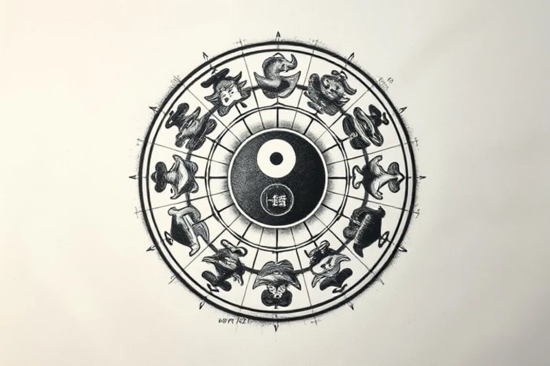 Renderizado 3D de un reloj cósmico con los doce animales del zodiaco, un orbe central de Yin y Yang, y proyecciones etéreas de los cinco elementos interactuando.