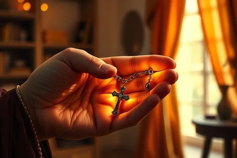 Mano sosteniendo un rosario iluminado, simbolizando la oración y la protección espiritual en el hogar