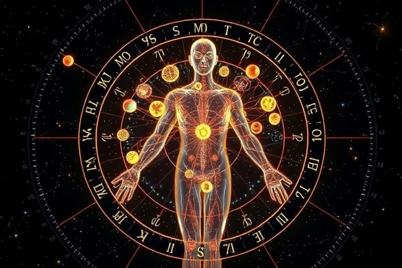 Cuerpo humano etéreo con flujos de energía y símbolos kabbalísticos-astrológicos