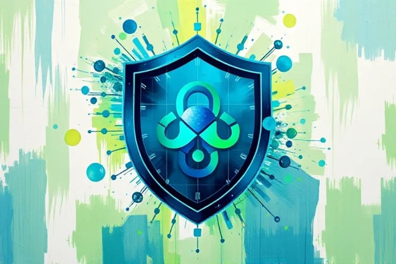 Formas geométricas abstractas entrelazadas, formando un escudo protector sobre elementos de arte digital, simbolizando la protección de la propiedad intelectual.