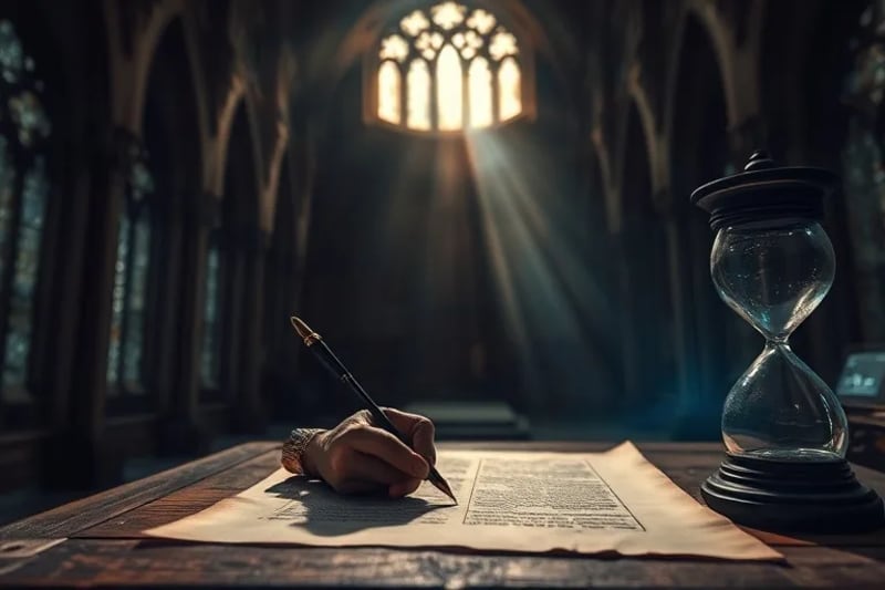 Una pluma antigua escribiendo sobre un pergamino, con la punta de la pluma transformándose en un circuito electrónico, simbolizando la evolución de la comunicación y la información desde la antigüedad hasta la era digital.