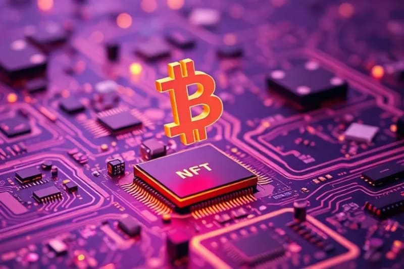 Un ícono de NFT estilizado y brillante flotando sobre una red de blockchain, rodeado de fragmentos de arte digital, simbolizando la seguridad y el futuro del mercado.