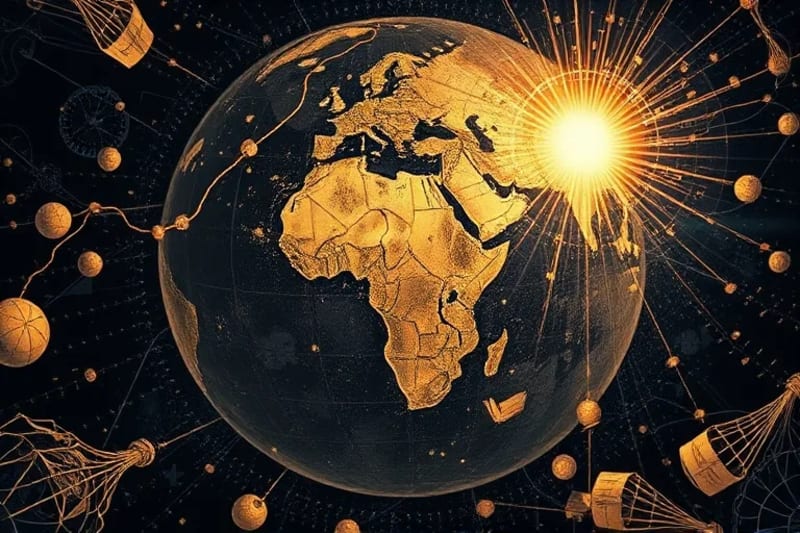 Una esfera de cristal antigua que refleja un complejo circuito electrónico y una red de conexiones digitales, simbolizando la adivinación y la predicción en la era tecnológica.