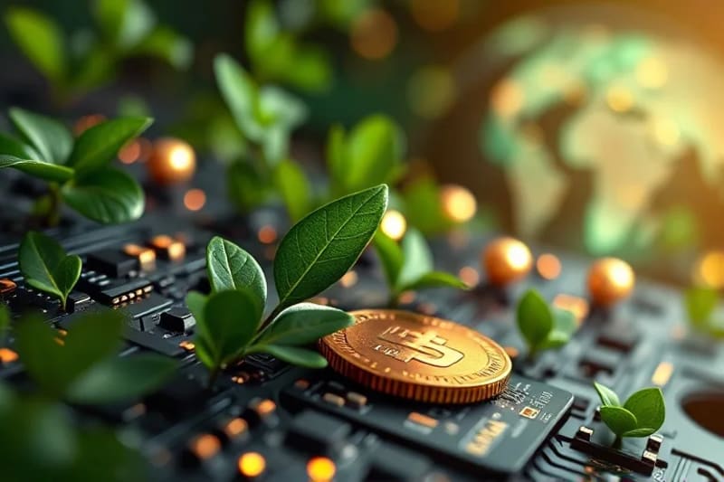 Conceptual still-life of a blockchain ledger intertwined with green foliage and glowing energy orbs, symbolizing the fusion of technology and nature in sustainable finance.