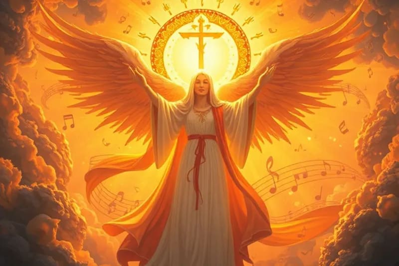 Pintura al óleo de figuras etéreas meditando con luz dorada y notas musicales